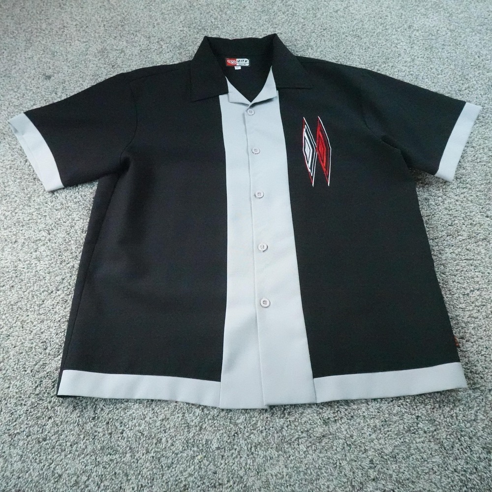 VTG Bowling Shirt‎ Mens L Black Gray Colorblock Retro Short Sleeve Button Up USA